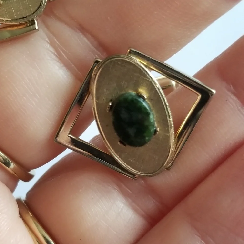Vintage cufflinks by Dante pale gold tone metal green stone cabochons